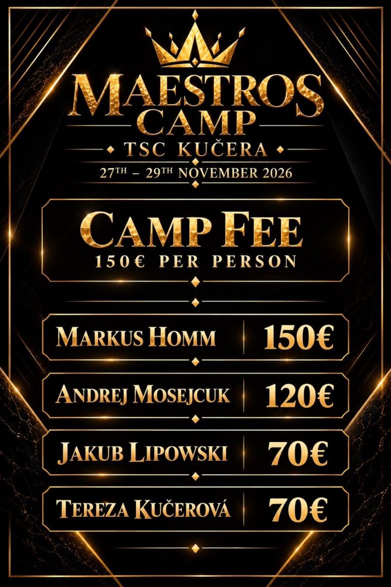 Ceník Maestros Camp 2026: kemp fee 150 € na osobu, lekce Markus Homm 150 €, Andrej Mosejcuk 120 €, Jakub Lipowski a Tereza Kučerová 70 €